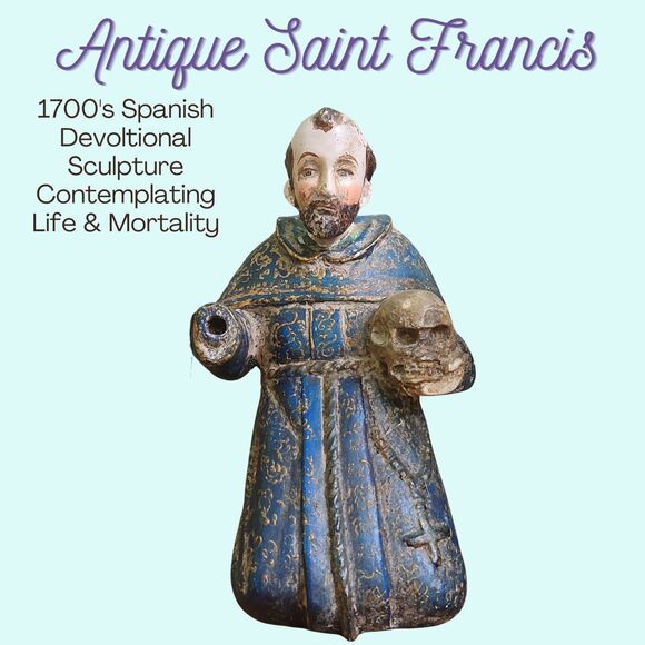 Meditteranean Artisan Other - Saint Francis Sculpture, Handcarved Wood, Devotional Figurine Antique 1700s